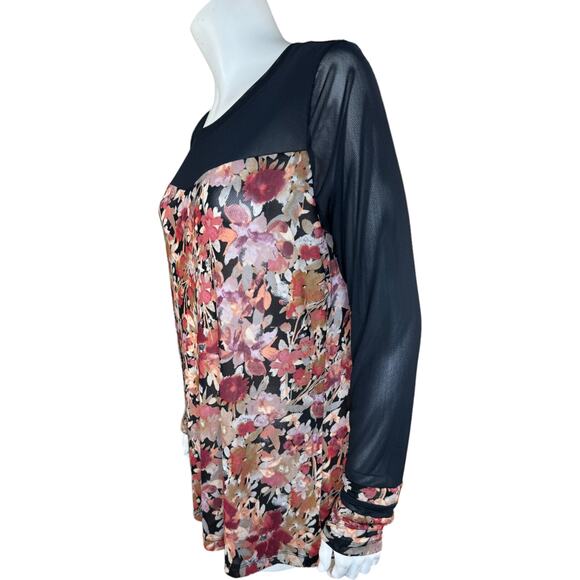 LOGO by Lori Goldstein Printed Sheer Top with Solid Details Medium Black - Picture 4 of 13